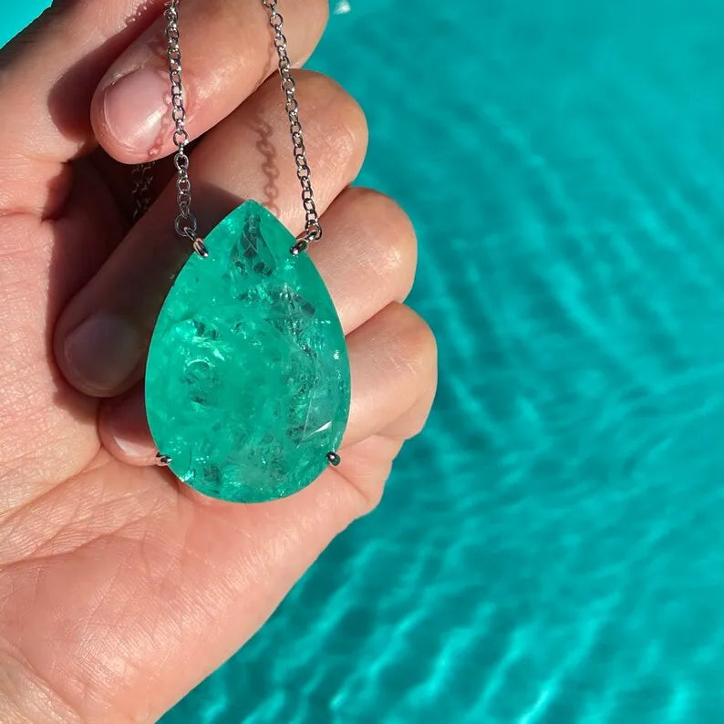 Incredible Extra Large Neon Colombian Emerald Pear Necklace Pendant, 925 Sterling Silver, Luxury Gift, May Birthstone