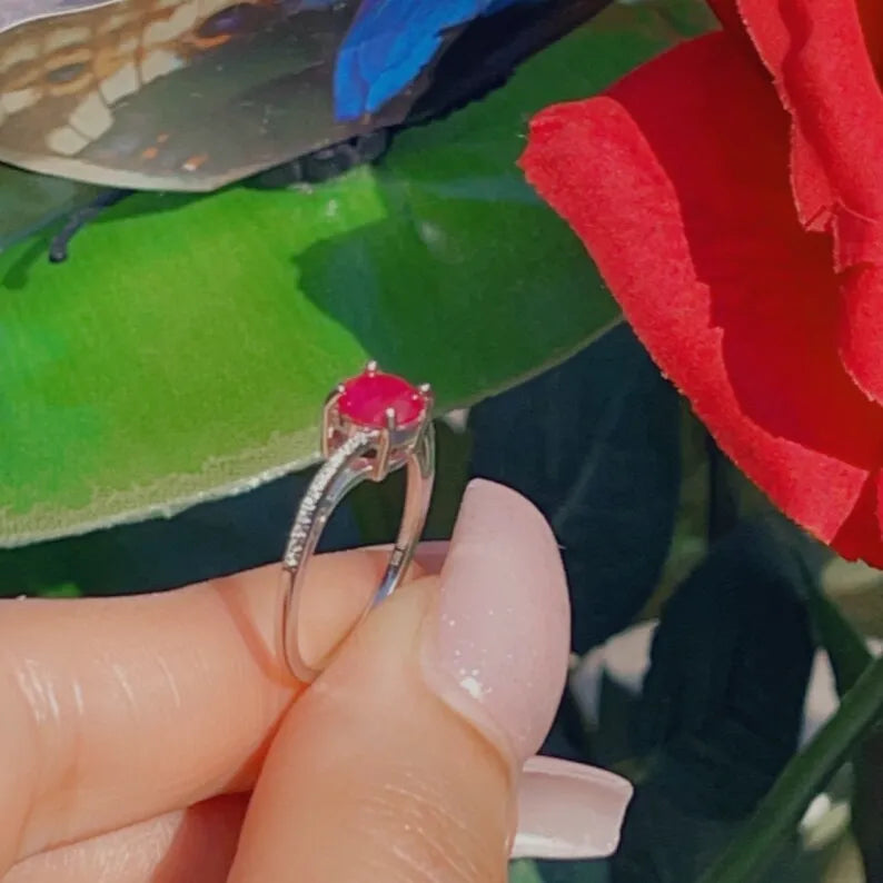 Miraculous Tiny 1ct Natural Mozambican Pink Ruby with 100% Genuine Diamonds, Dainty Ring, Minimalist Ring Promise Engagement Ring 925 Silver