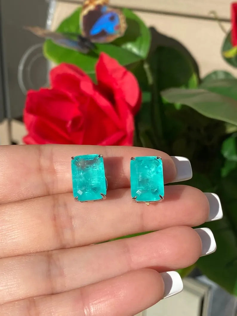 Glowing Neon Blue Colombian Emerald Stud Earrings, Emerald Cut Earrings, Small Dainty Earrings Emerald Stud Earrings May Birthstone Earrings