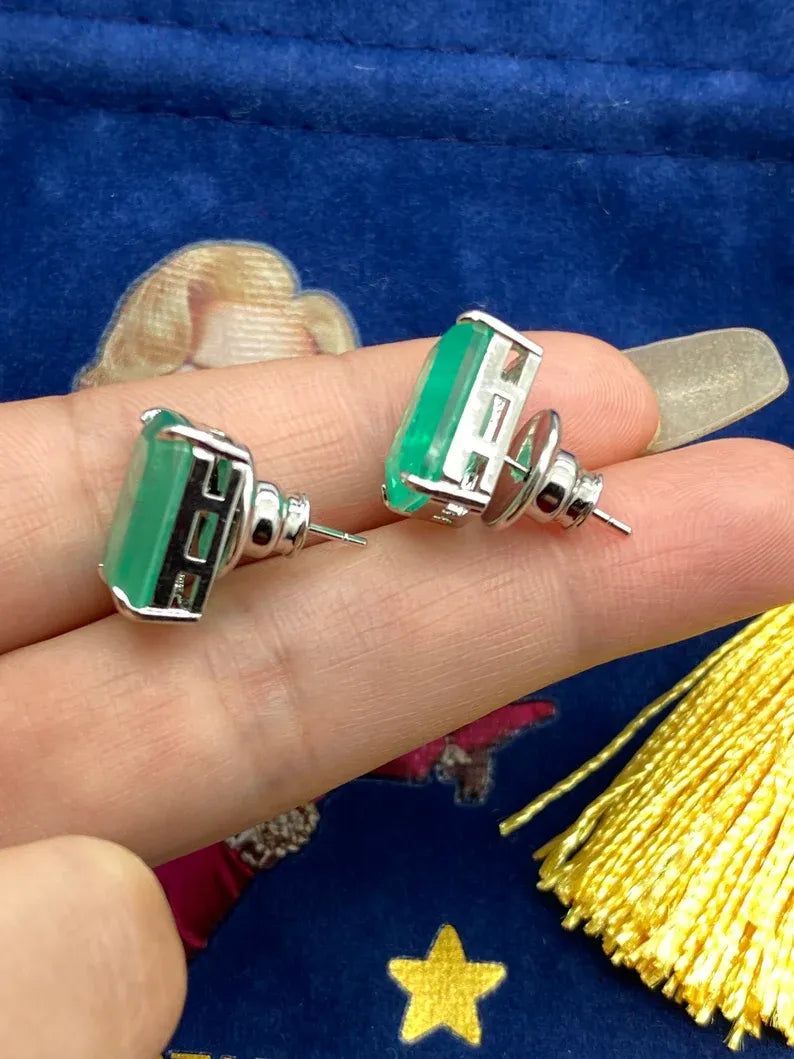 Glowing Neon Green Colombian Emerald Stud Earrings, Emerald Cut Earrings, Small Dainty Earrings, May Birthstone, Bethany Ciotola Earrings