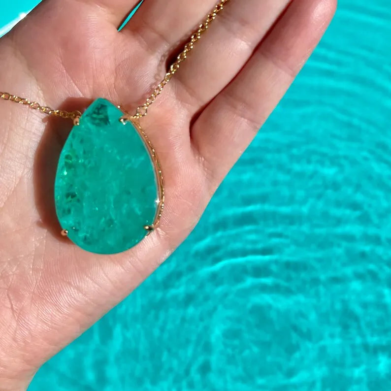 Caribbean Treasure, Extra Large Neon Colombian Emerald Pear Necklace Pendant, 18K Yellow Gold Vermeil, Luxury Gift, May Birthstone