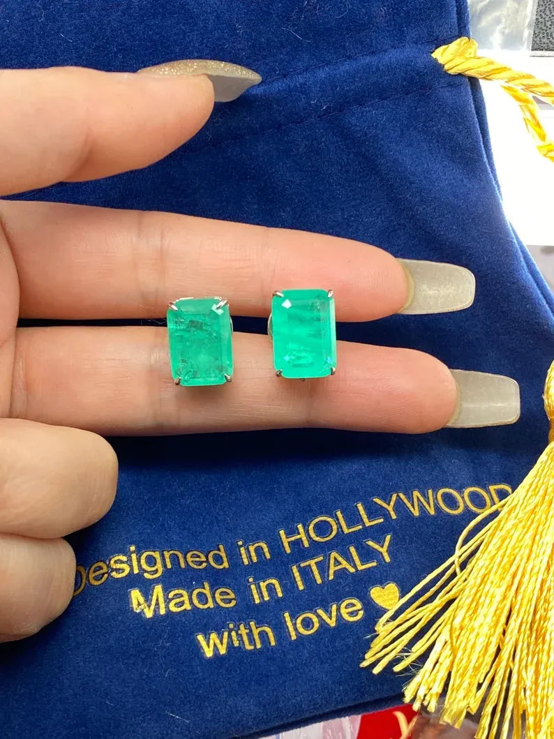 Glowing Neon Green Colombian Emerald Stud Earrings, Emerald Cut Earrings, Small Dainty Earrings, May Birthstone, Bethany Ciotola Earrings