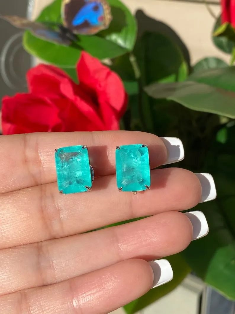 Glowing Neon Blue Colombian Emerald Stud Earrings, Emerald Cut Earrings, Small Dainty Earrings Emerald Stud Earrings May Birthstone Earrings