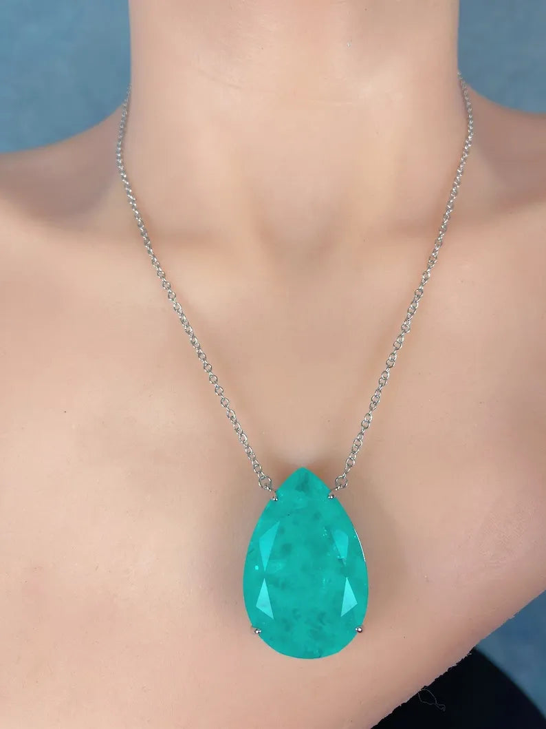 Incredible Extra Large Neon Colombian Emerald Pear Necklace Pendant, 925 Sterling Silver, Luxury Gift, May Birthstone