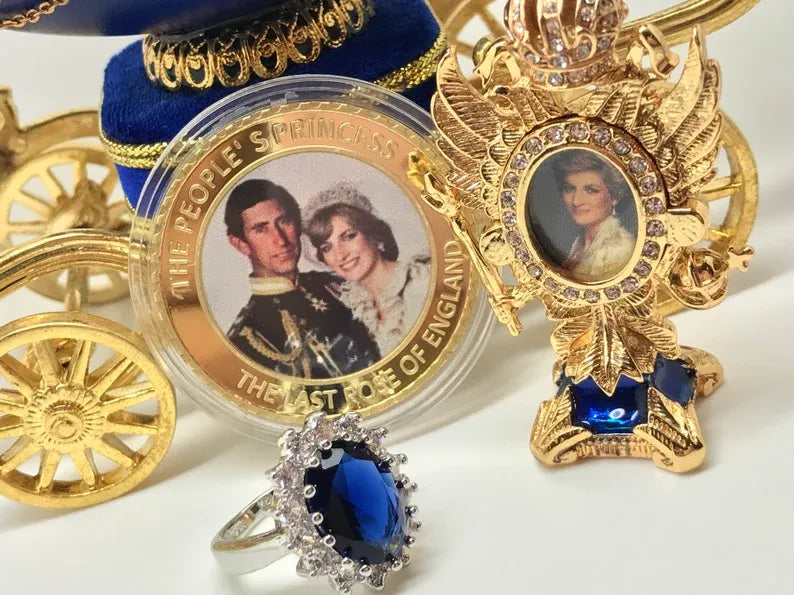 Royal Sapphire Ring, Inspired by Princess Diana, comes with golden coin of Prince Charles and Princess Diana