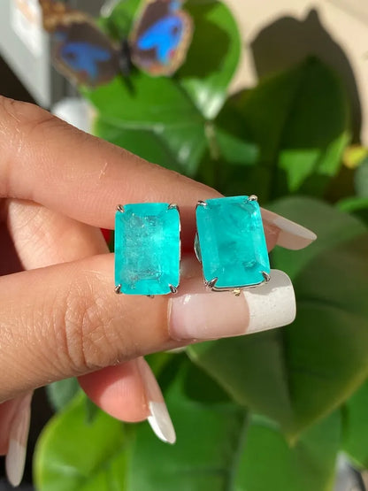 Glowing Neon Blue Colombian Emerald Stud Earrings, Emerald Cut Earrings, Small Dainty Earrings Emerald Stud Earrings May Birthstone Earrings