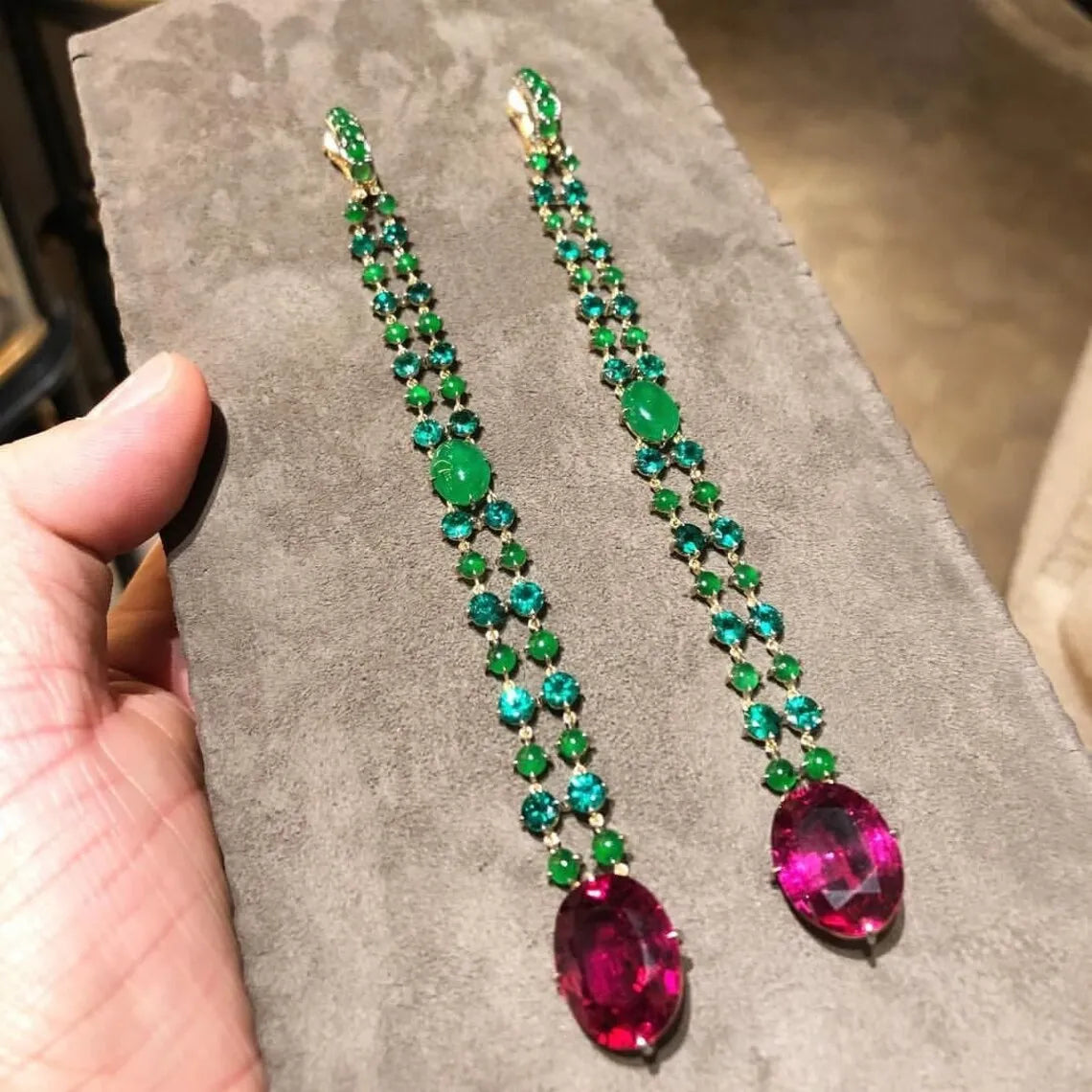 Star of Hollywood Luxurious Natural Pink Ruby & Emerald Jade Dangle Drop Earrings Imperial Elegance Super Long 4 inches