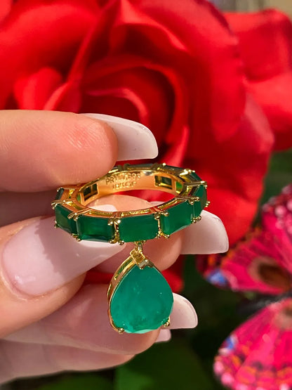 Mesmerizing Natural Zambian Emerald Ring Emerald Band Dangle Drop Emerald 18K Yellow Gold Vermeil Engagement Band Ring Size 7