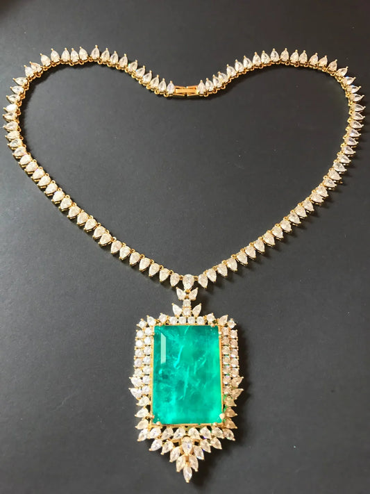 Glowing Natural Neon Colombian Emerald Charm Necklace Collar Jewelry 100+ Carats Brand Princess, 18K Gold Overlay