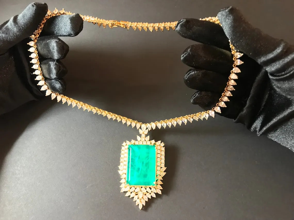 Glowing Natural Neon Colombian Emerald Charm Necklace Collar Jewelry 100+ Carats Brand Princess, 18K Gold Overlay