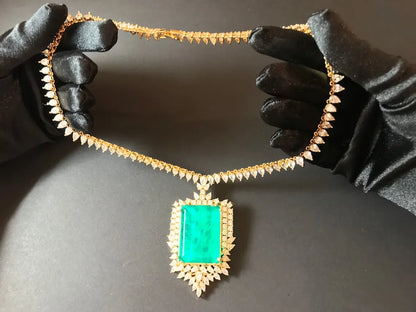 Glowing Natural Neon Colombian Emerald Charm Necklace Collar Jewelry 100+ Carats Brand Princess, 18K Gold Overlay