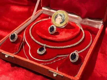 Princess Diana Sapphire and Diamond Jewelry Set Royal Memorabilia Luxury comes with Original Coin and accessories