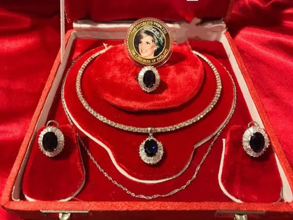 Princess Diana Sapphire and Diamond Jewelry Set Royal Memorabilia Luxury comes with Original Coin and accessories