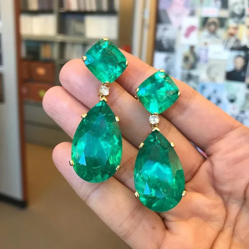 Forest Green 100% Genuine Zambian Emerald Dangle & Drop Earrings 45mm long So Elegant and Attractive 18K Yellow Gold Over