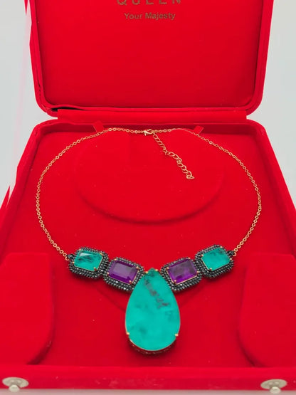 1001 Nights Queen Sultana Dubai Necklace with Natural Glowing Neon Columbian Emerald Amethyst and black Spinels 18K Yellow Gold and Sterling