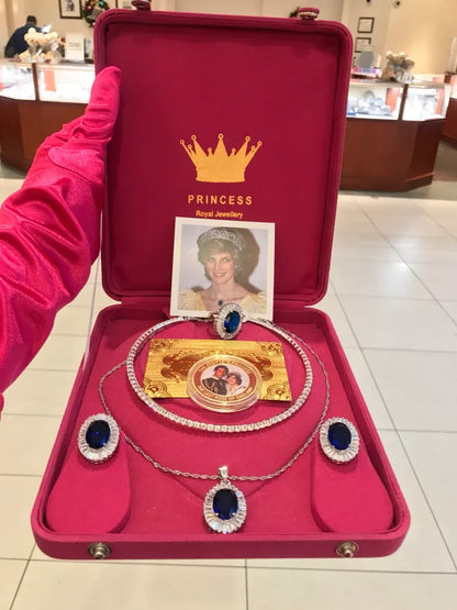 Princess Diana Sapphire and Diamond Jewelry Set Royal Memorabilia Luxury comes with Original Coin and Certificate