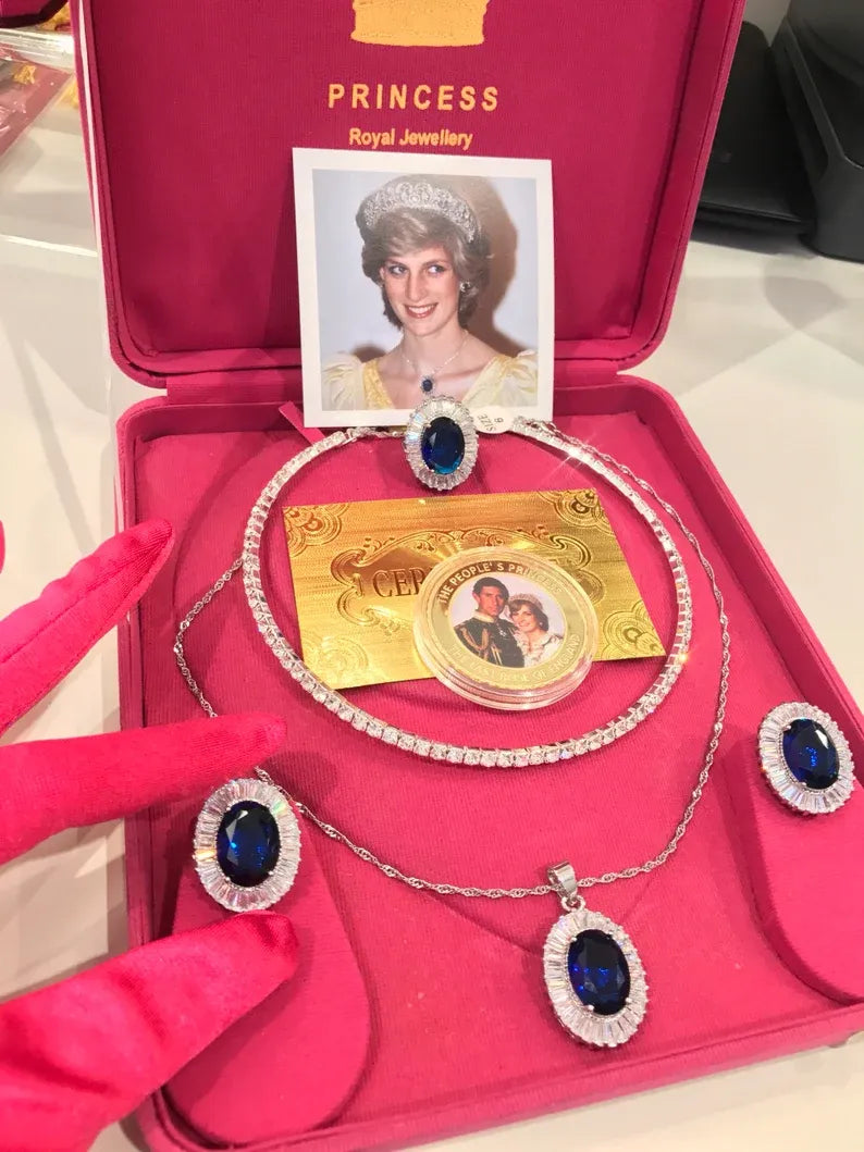 Princess Diana Sapphire and Diamond Jewelry Set Royal Memorabilia Luxury comes with Original Coin and Certificate