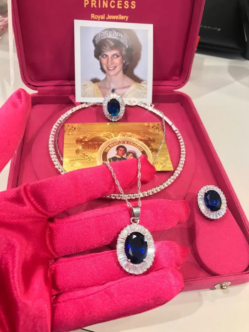 Princess Diana Sapphire and Diamond Jewelry Set Royal Memorabilia Luxury comes with Original Coin and Certificate