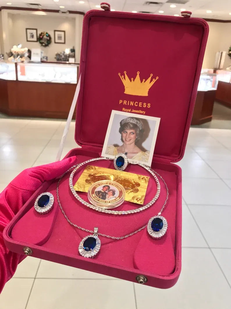 Princess Diana Sapphire and Diamond Jewelry Set Royal Memorabilia Luxury comes with Original Coin and Certificate