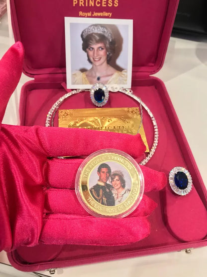 Princess Diana Sapphire and Diamond Jewelry Set Royal Memorabilia Luxury comes with Original Coin and Certificate