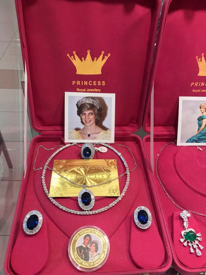 Princess Diana Sapphire and Diamond Jewelry Set Royal Memorabilia Luxury comes with Original Coin and Certificate