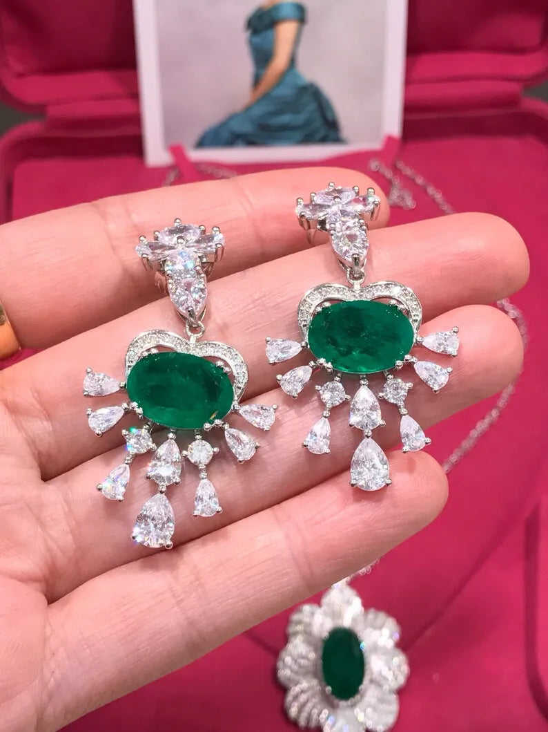 Luxurious Natural Green Emerald Dangle and Drop Earrings Chandelier Style. Madagascar 925 Sterling Silver