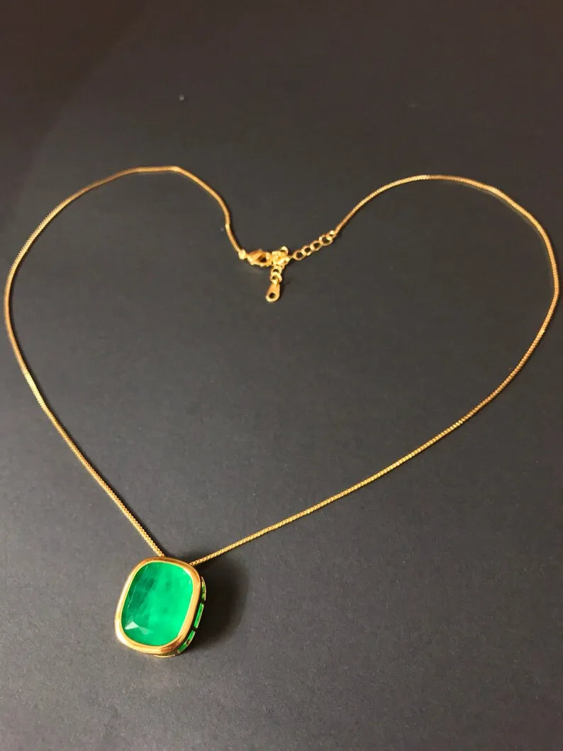 Astonishing 100% Natural Neon Green Colombian Emerald Necklace Pendant , Angelina Jolie Inspired Necklace, 18k Gold Vermeil Necklace