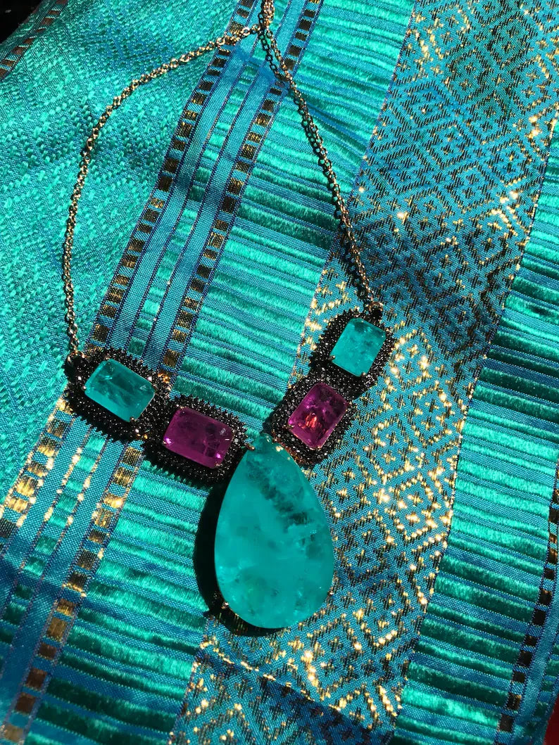 1001 Nights Queen Sultana Dubai Necklace with Natural Glowing Neon Columbian Emerald Amethyst and black Spinels 18K Yellow Gold and Sterling