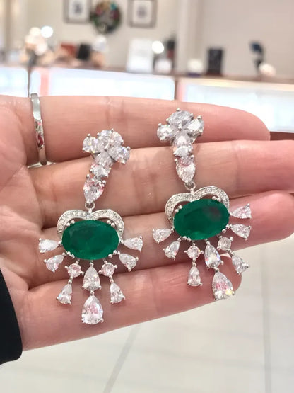 Luxurious Natural Green Emerald Dangle and Drop Earrings Chandelier Style. Madagascar 925 Sterling Silver