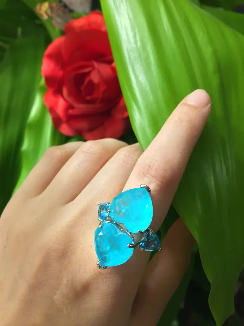 Mesmerizing Exotic Neon Blue Paraiba Tourmaline Double Heart Ring