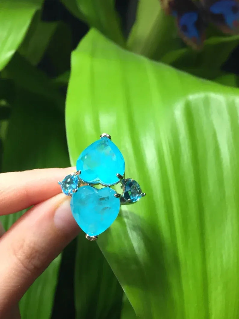 Mesmerizing Exotic Neon Blue Paraiba Tourmaline Double Heart Ring