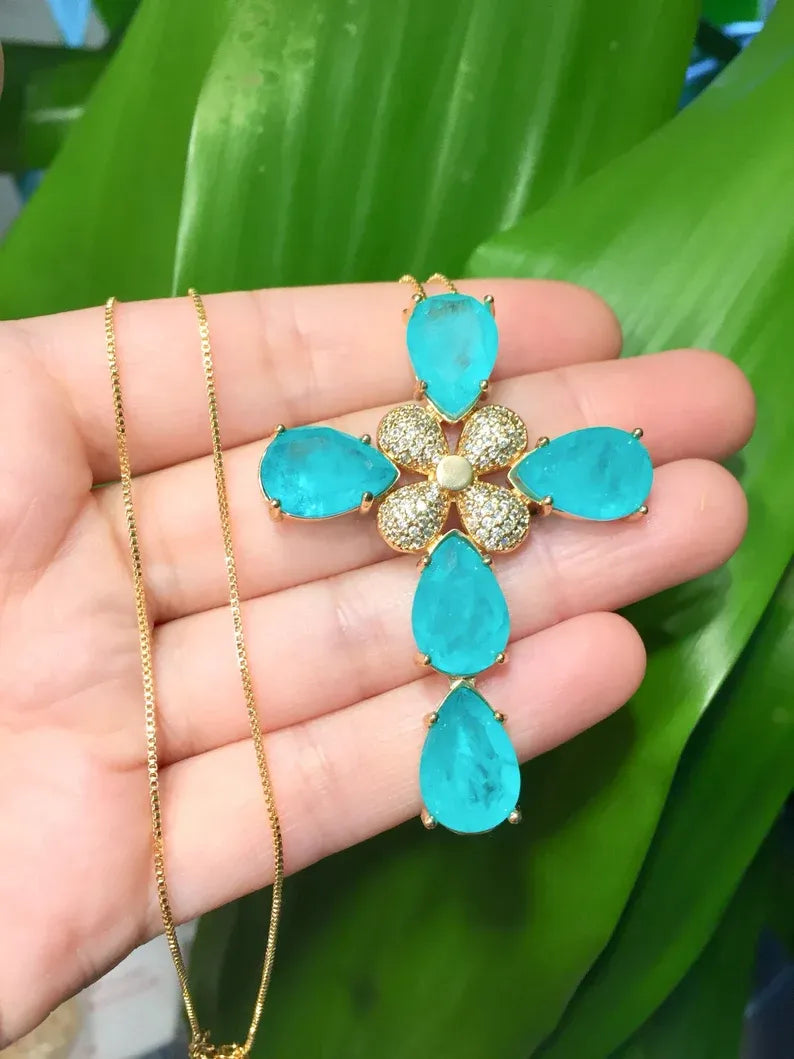 One of a Kind Large Natural Paraiba Tourmaline Cross Necklace Pendant Luxurious