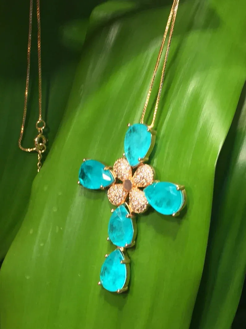 One of a Kind Large Natural Paraiba Tourmaline Cross Necklace Pendant Luxurious