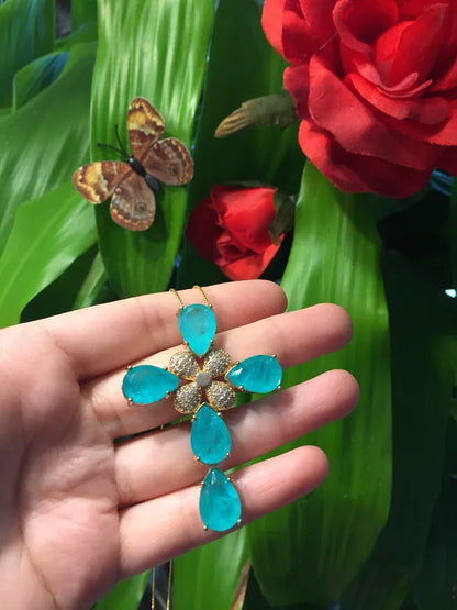 One of a Kind Large Natural Paraiba Tourmaline Cross Necklace Pendant Luxurious