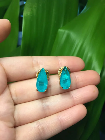 One of a kind natural paraiba tourmaline stud earrings with exotic neon vivid blue color and glow 18k yellow gold vermeil or 925 sterling