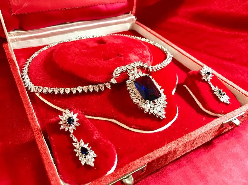 Imperial Elegance, Sapphire and Diamond Jewelry Set, Inspired by Queen, Sapphire Necklace, Sapphire Earrings, Luxury Jewelry Set