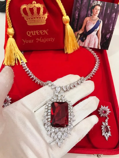 Luxury Ruby and Diamond Jewelry Set, Inspired by Queen, Ruby Necklace, Ruby Earrings, Diamond Jewels, Art Deco, Boho, Dainty, Large Ruby Set