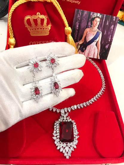 Luxury Ruby and Diamond Jewelry Set, Inspired by Queen, Ruby Necklace, Ruby Earrings, Diamond Jewels, Art Deco, Boho, Dainty, Large Ruby Set