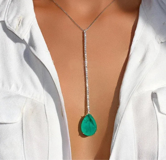 Majesty Natural Glowing Neon Green Colombian Emerald Drop Necklace, Emerald and Diamond Lariat Y Necklace, luxury Stunning Necklace, 925 SS