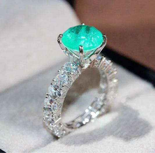 Luxurious 3ct Genuine Neon Colombian Emerald Muzo Solitaire Engagement Ring, Diamond Band, Amazing Colour and Glow, Emerald Promise Ring 925