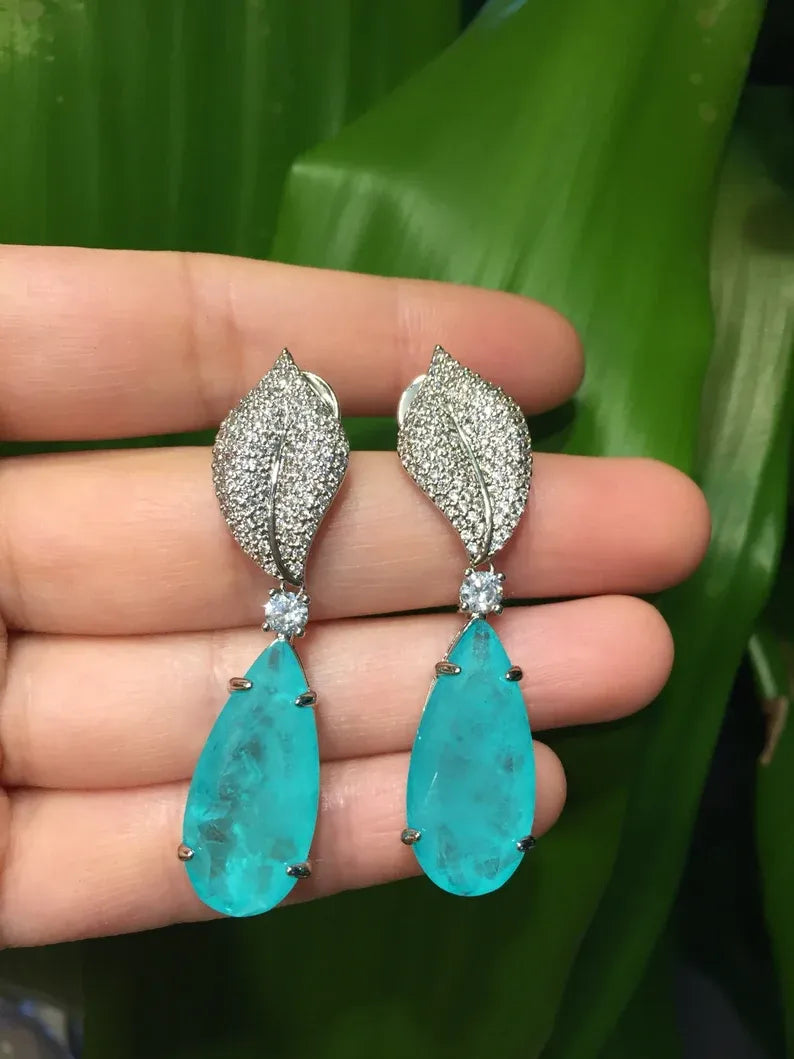 Imperial Elegance, Natural Paraiba Tourmaline Earrings, Dangle Drop Earrings, with Amazing Neon Color and Glow