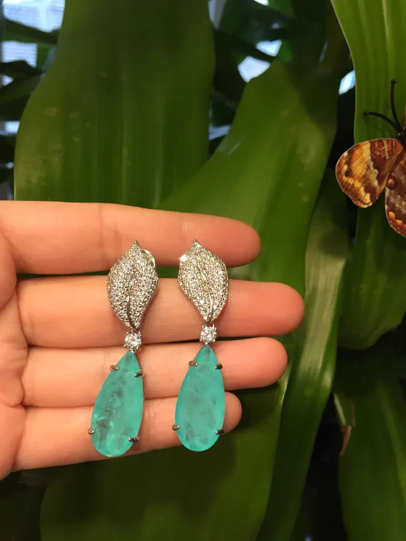 Imperial Elegance, Natural Paraiba Tourmaline Earrings, Dangle Drop Earrings, with Amazing Neon Color and Glow