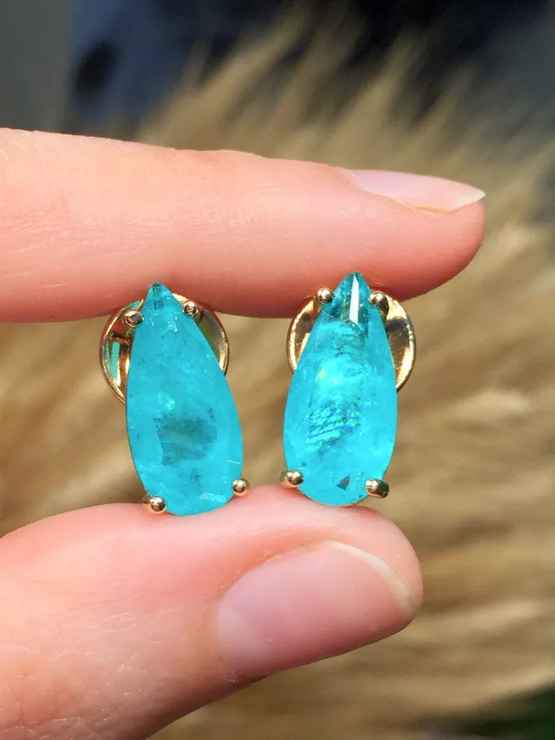 One of a kind natural paraiba tourmaline stud earrings with exotic neon vivid blue color and glow 18k yellow gold vermeil or 925 sterling