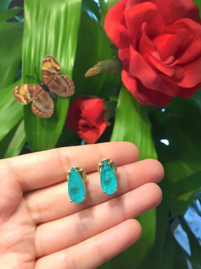 One of a kind natural paraiba tourmaline stud earrings with exotic neon vivid blue color and glow 18k yellow gold vermeil or 925 sterling