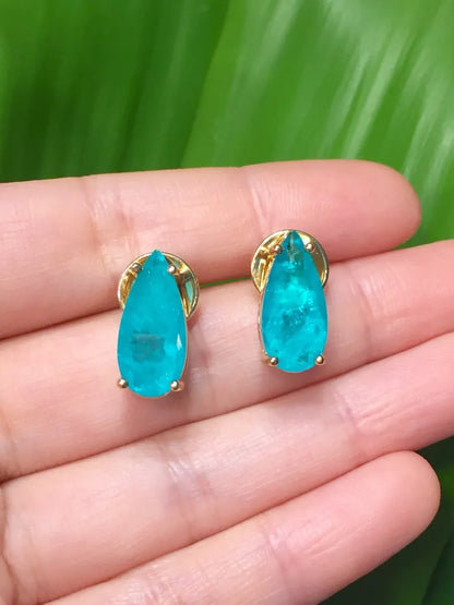 One of a kind natural paraiba tourmaline stud earrings with exotic neon vivid blue color and glow 18k yellow gold vermeil or 925 sterling