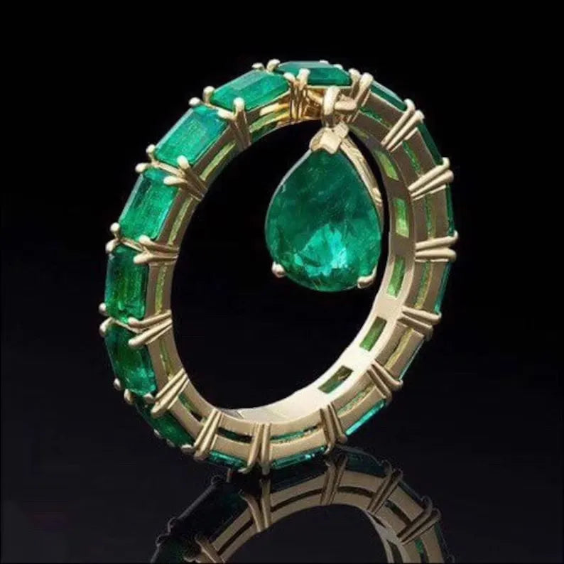 Mesmerizing Natural Zambian Emerald Ring Emerald Band Dangle Drop Emerald 18K Yellow Gold Vermeil Engagement Band Ring