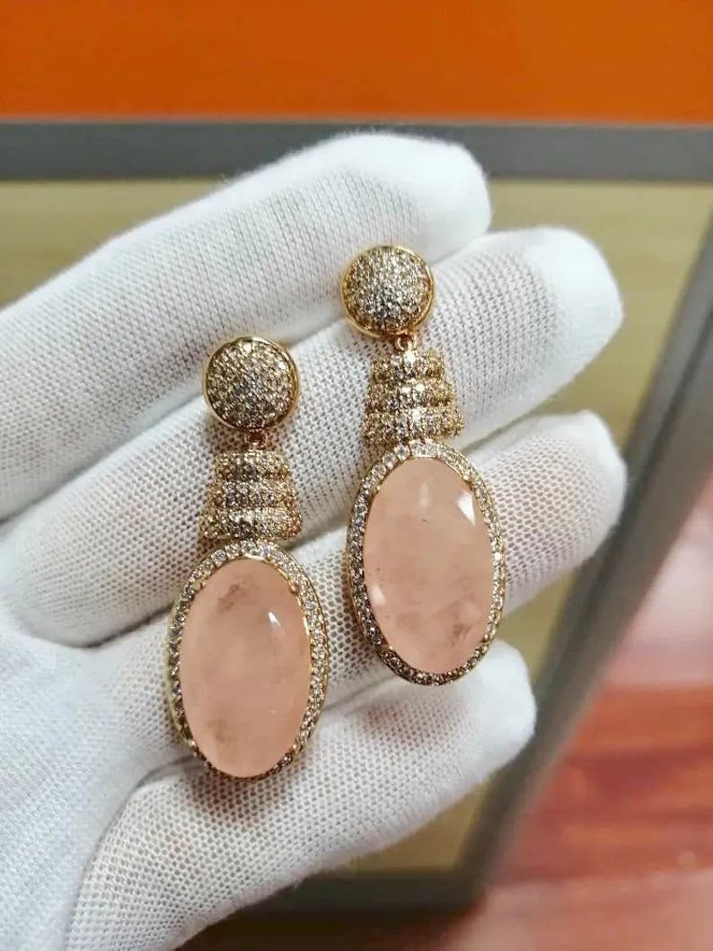 Morganite, Natural Morganite Earrings Peach Morganite Earrings, Luxury Morganite Jewels, 14K Rose Gold Morganite Diamond November Birthstone