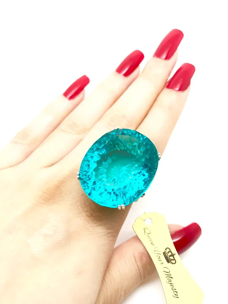 World Largest! Paraiba Tourmaline Solitaire Ring, Huge Paraiba, Over 100+ Carats, with Amazing Neon Blue Color and Glow! Exotic Blue