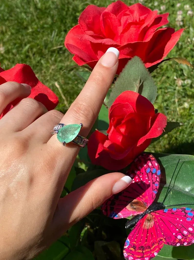 Luxurious Fancy Colombian Emerald Engagement Ring Band with Natural Brilliant Cut Clear Crystals and Mini Pave Zambian Emeralds.