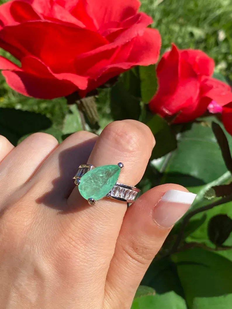 Luxurious Fancy Colombian Emerald Engagement Ring Band with Natural Brilliant Cut Clear Crystals and Mini Pave Zambian Emeralds.